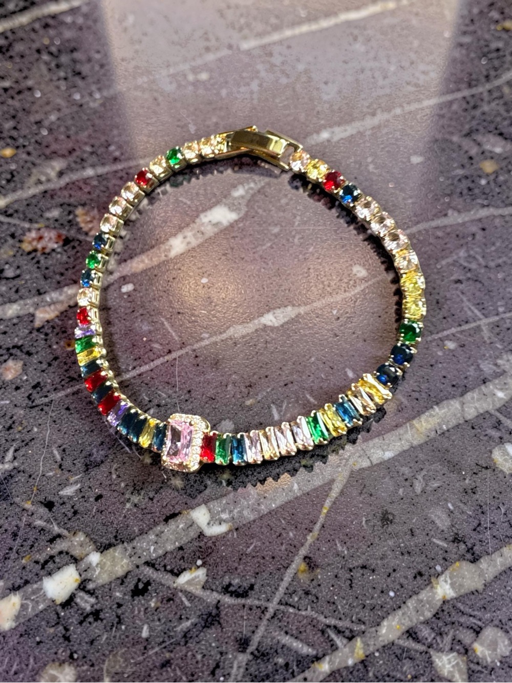 Gold Multicolor Crystal Tennis Bracelet - Picture 2 of 4
